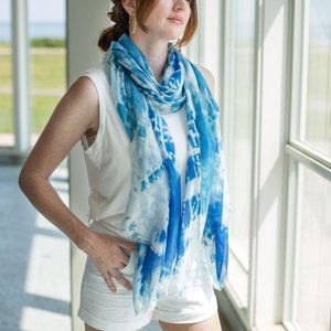 SAACHI Artist Handcrafted BLUE Bandhani SCARF Shawl Wrap Eyelash Fringe